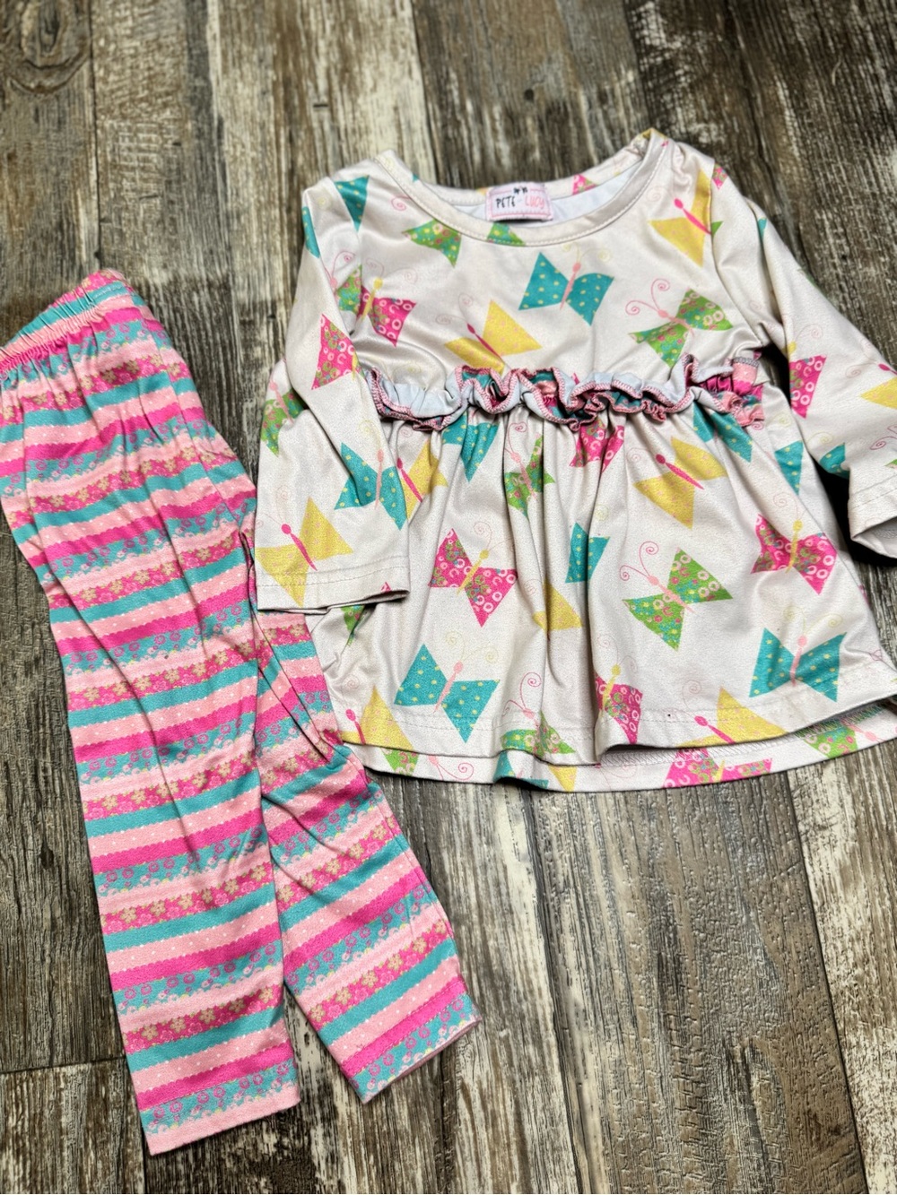 Girls' Butterfly Print Pink & Teal Two-Piece Pajama Set